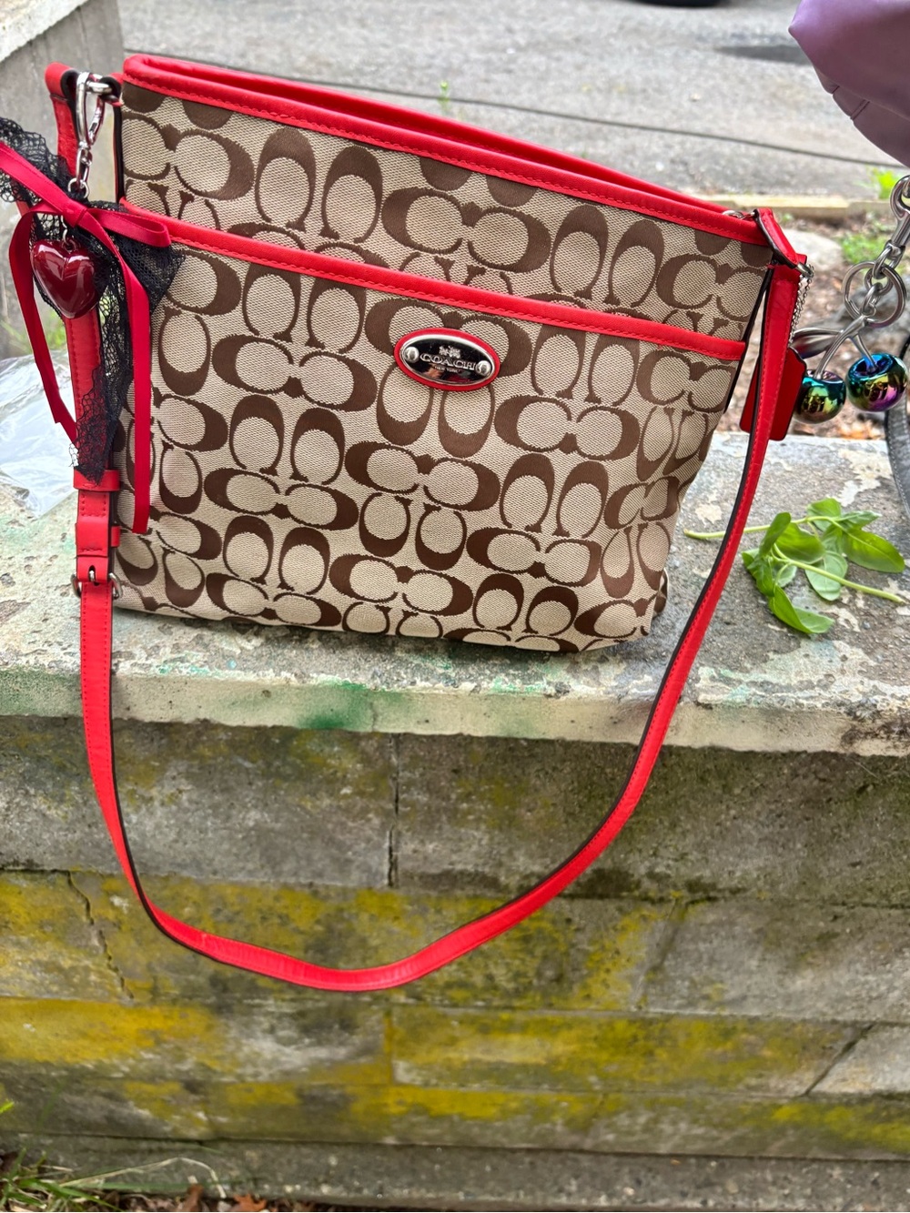 Coach Brown Signature Crossbody with Red Trim and Strap